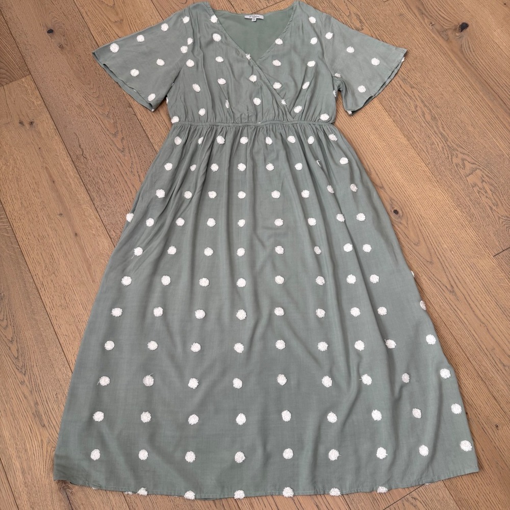 Polagram Midi Dress Womens Medium Sage Green Polka Dot V-Neck Flutter